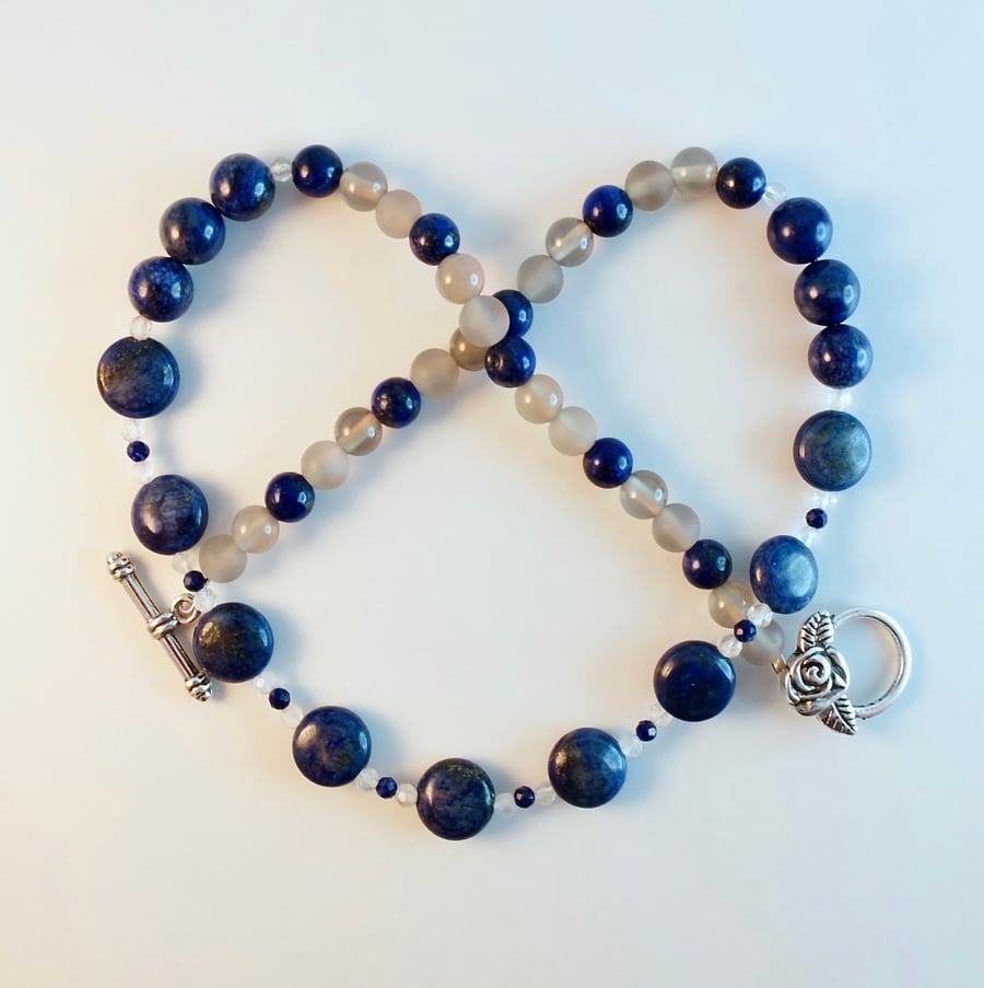 Lapis Lazuli Necklace With Faceted Crystal Quartz And Agate - Handmade In Devon