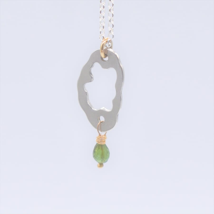 Rain Cloud Sterling Silver and 9kt Gold Pendant with a Delicate Green Tourmaline