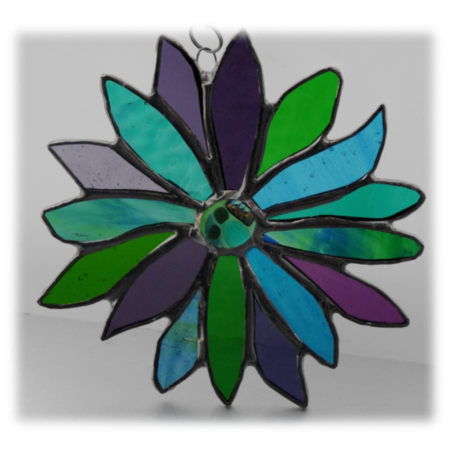 Peacock Flower Stained Glass Suncatcher Jade Purple Turquoise 001