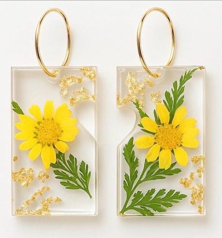Yellow Wildflower & Leaf Resin Dangle Earrings with Gold Leaf