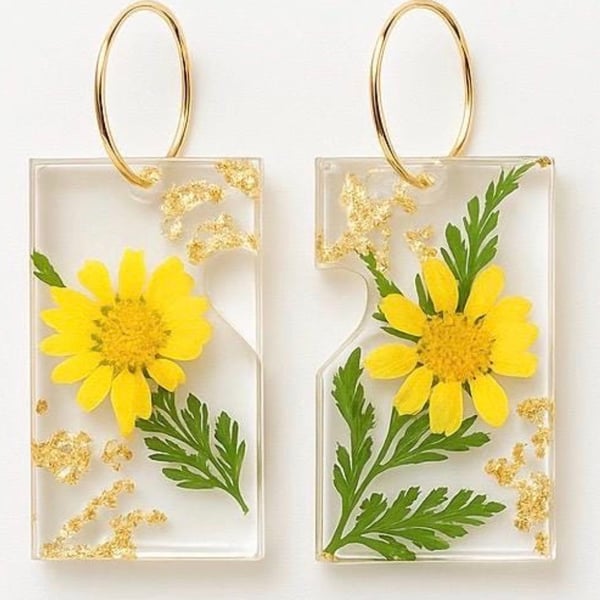 Yellow Wildflower & Leaf Resin Dangle Earrings with Gold Leaf