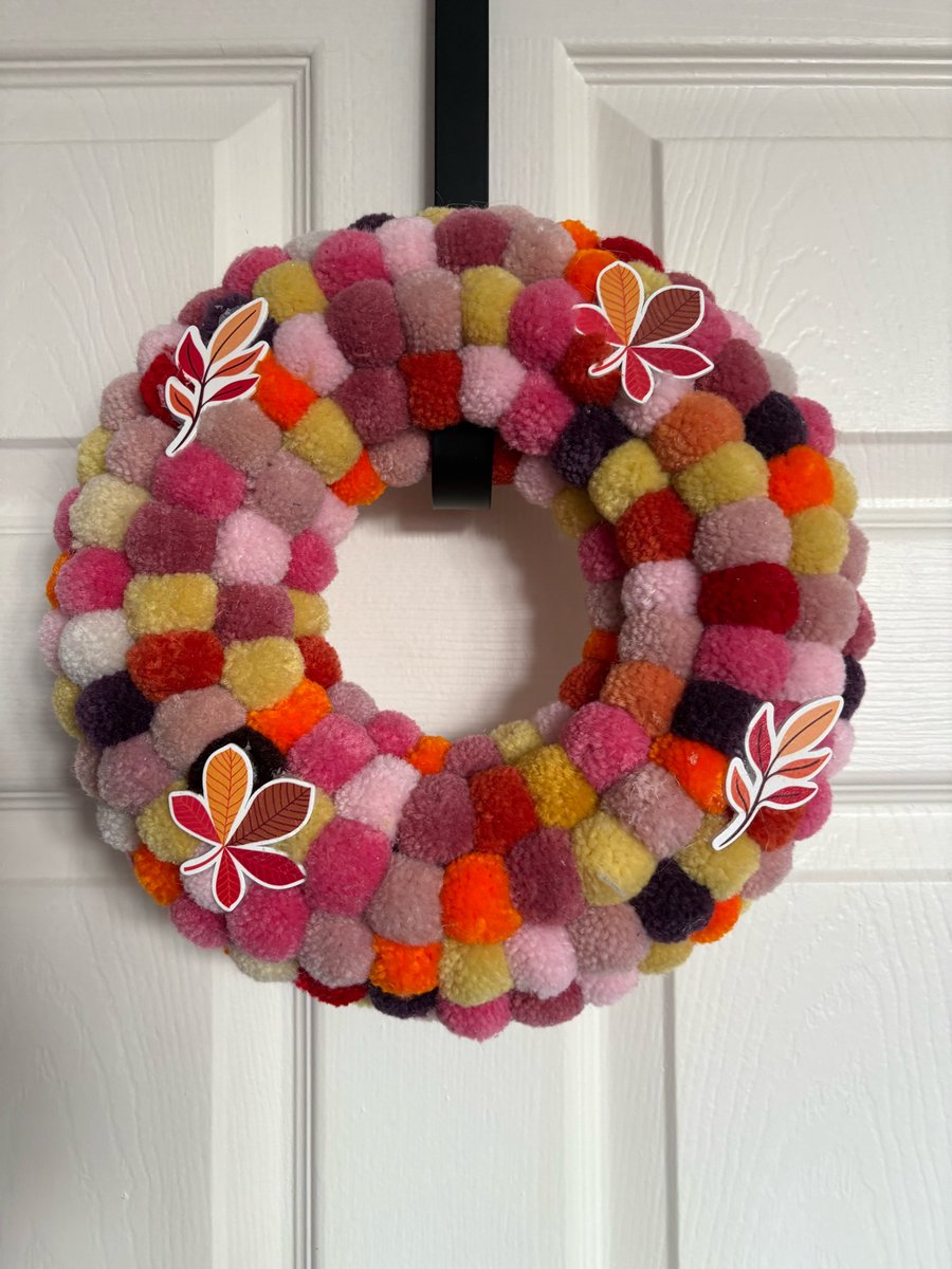 Autumn leaves wool Pom Pom wreath. 