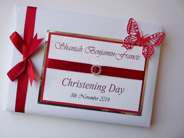 Red christening guest book, girl christening book, baptism, naming day gift