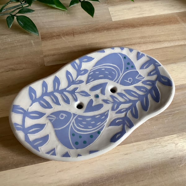 Handmade stoneware sgraffito love bird soap dish
