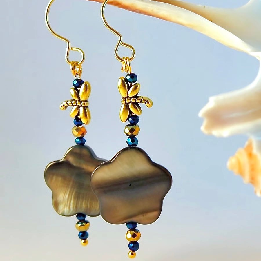 Mother Of Pearl Earrings With Dragonfly, Birthday, Anniversary, Mothers Day Gift