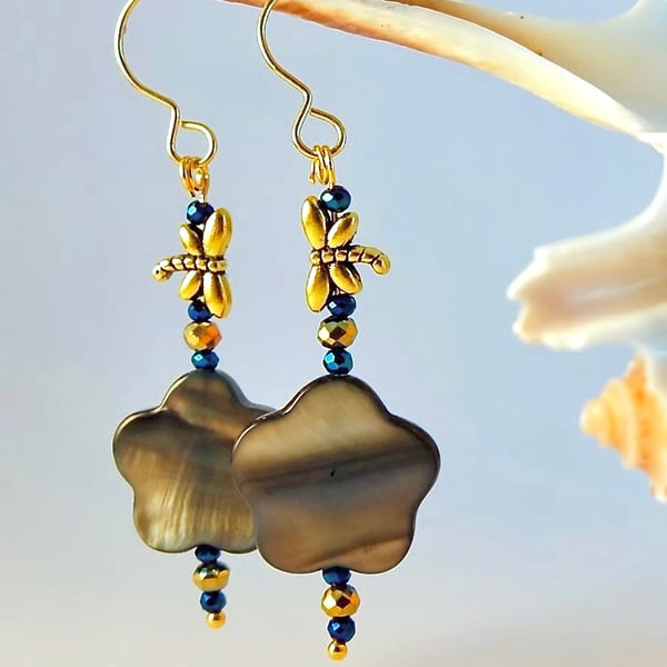 Mother Of Pearl Earrings With Dragonfly, Birthday, Anniversary, Mothers Day Gift