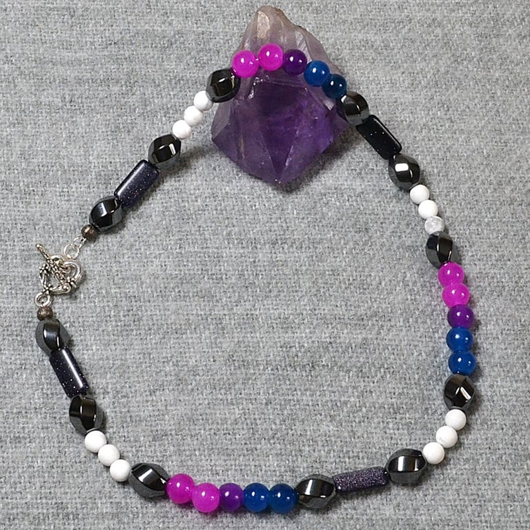 Bisexual Pride Necklace with Hematite, Blue Goldstone, and Howlite
