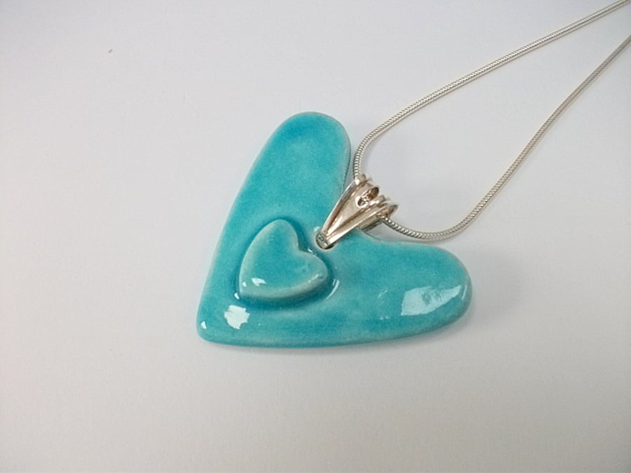 Ceramic turquoise heart on heart pendant neckace - sterlinng silver