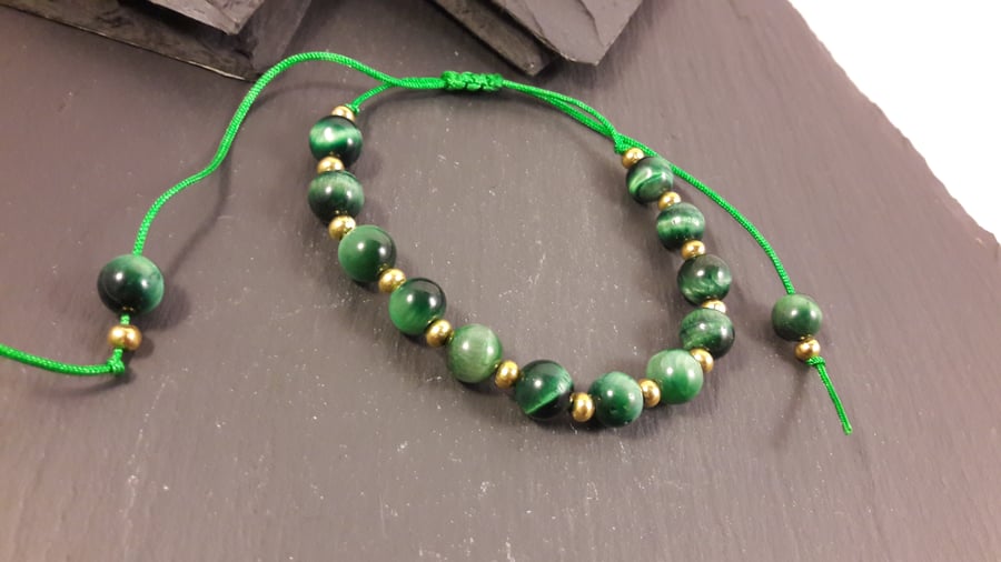 Green Tiger's Eye on Green Cord Adjustable Bracelet