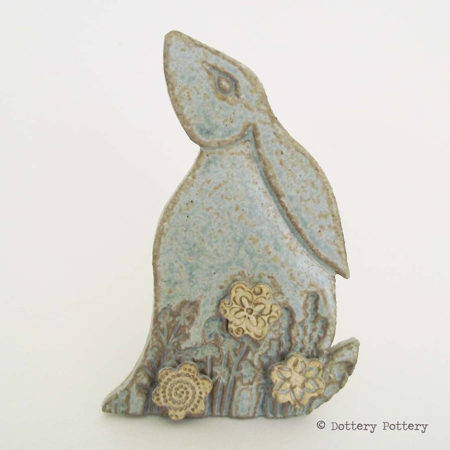 Ceramic Moon Gazing Hare Pottery Hare decoration pale blue