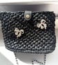 Black handmade crochet handbag, silver chain, sparkly bows decoration