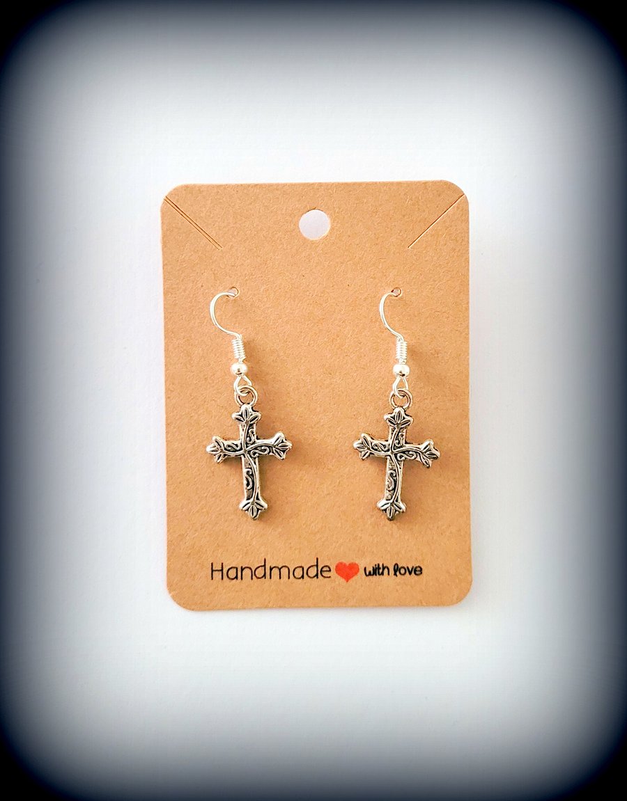 Silver Ornate Cross Charm Dangle Earrings on Silver Plated Earring Hooks