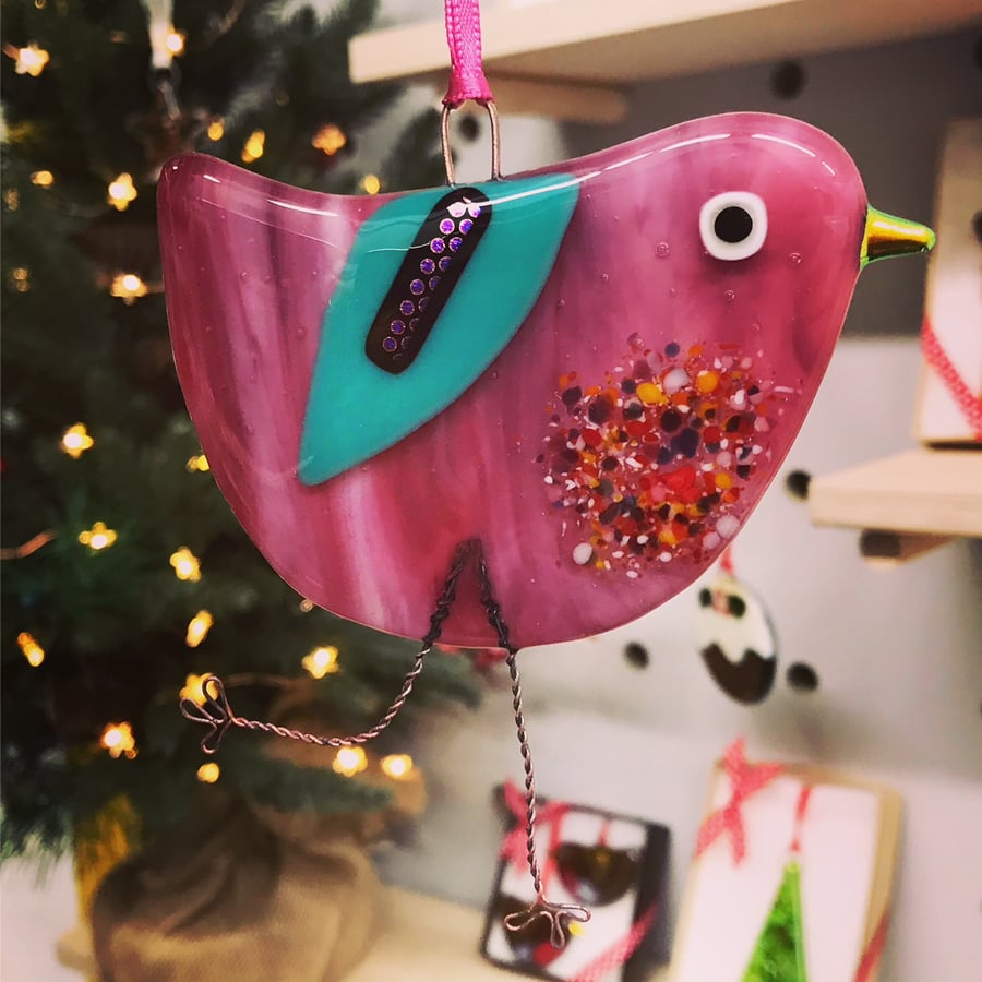 Fused Glass Raspberry Ripple Bird