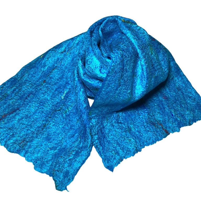 Felted merino wool scarf with multicoloured silk fibre embellishment, turquoise