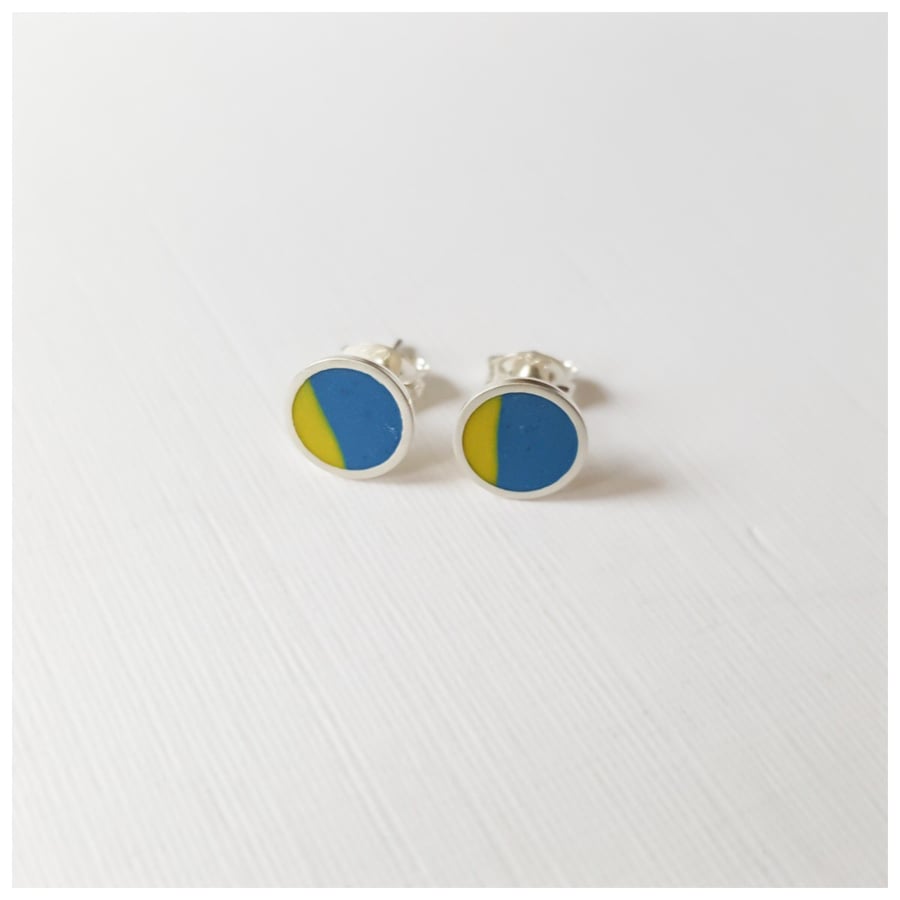 Pop Art Studs, Blue and Yellow, Minimalist, Everyday Earrings 