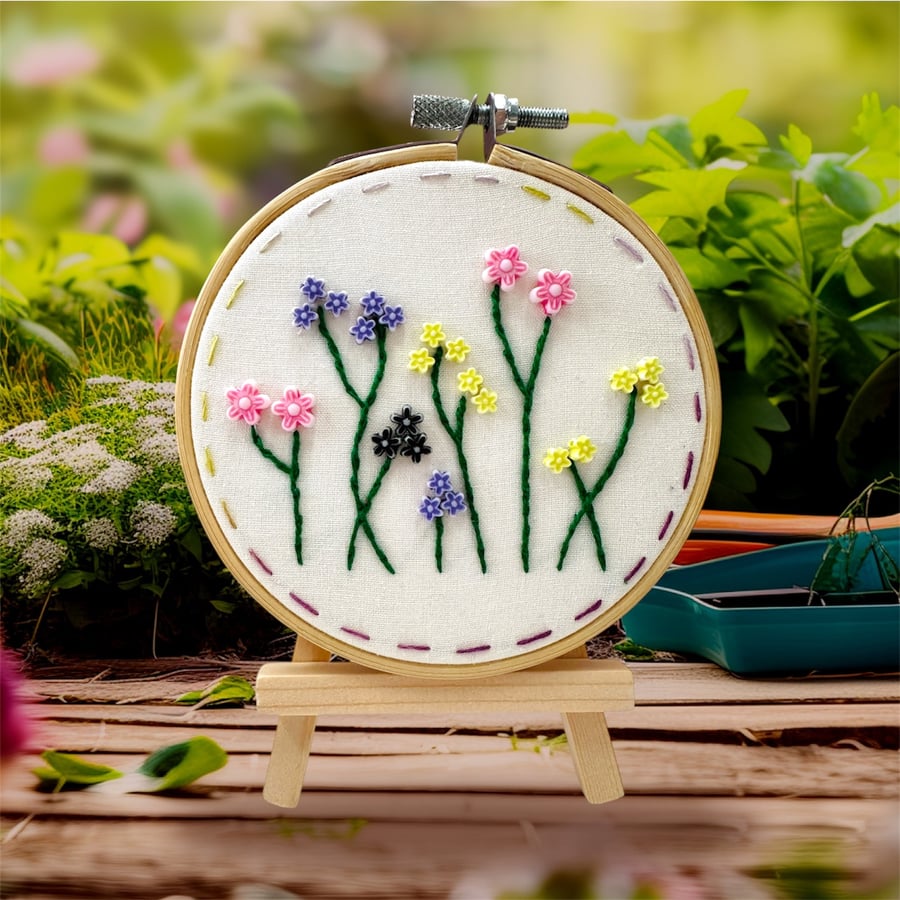 Embroidered hoop, spring flowers, beaded design, gift for all, home decor