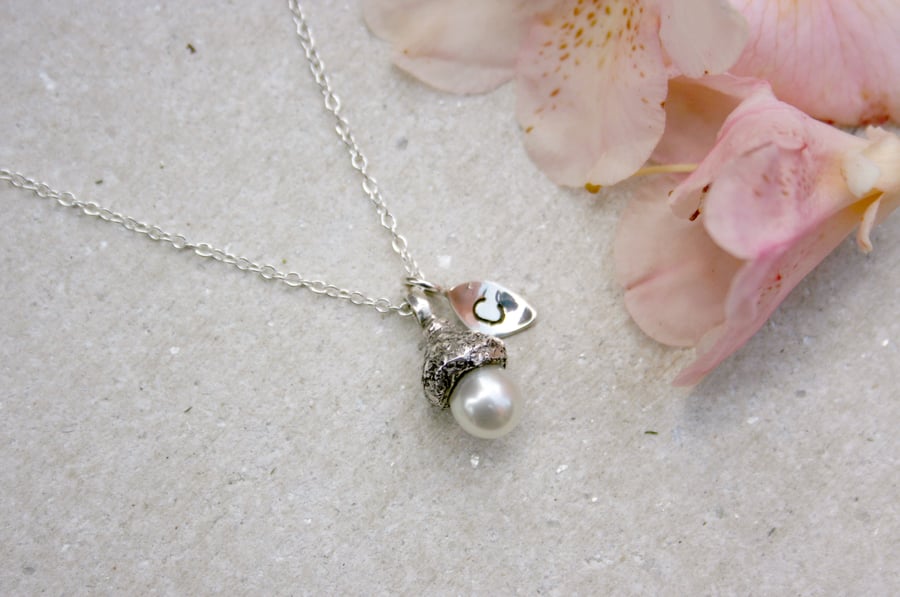 Personalised Tiny Pearl Acorn Initial Necklace