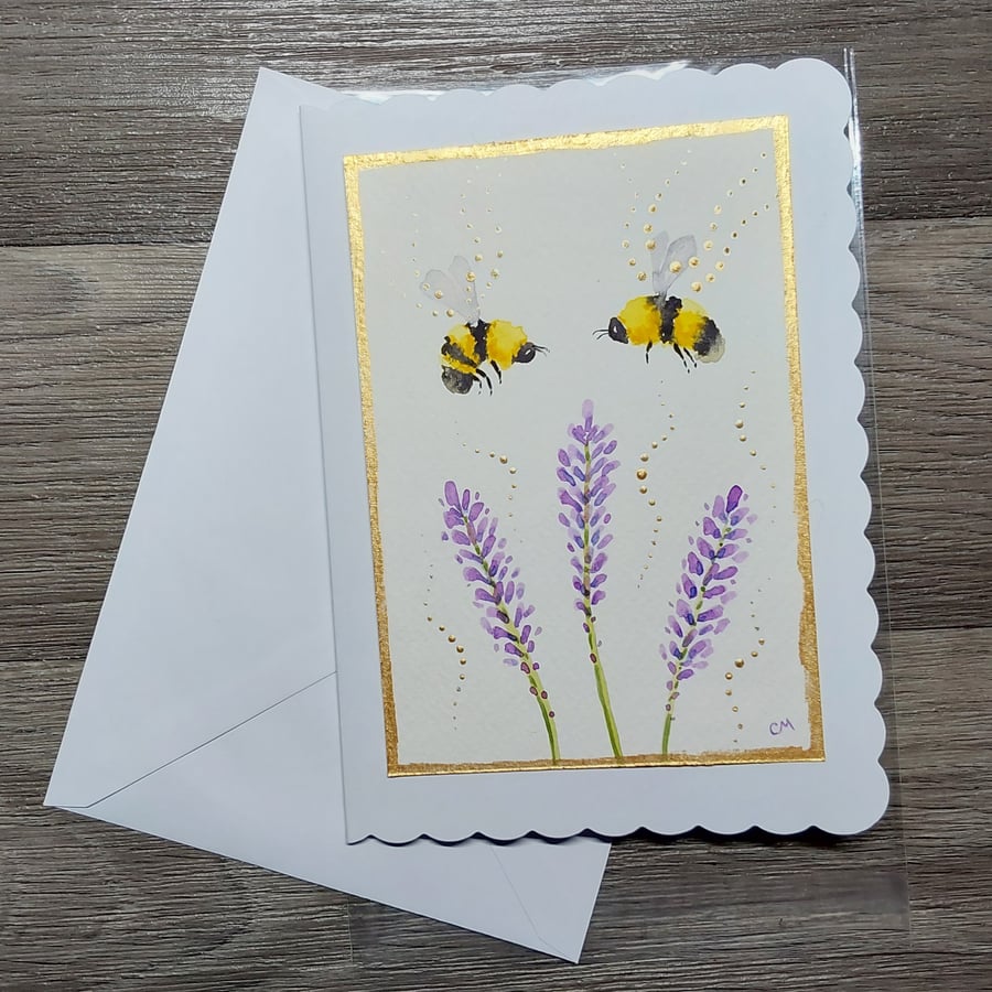 Hand Painted Bee and Lavender Watercolour Blank Card For Any Occasion