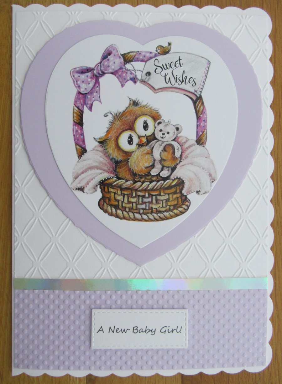 Baby Owl In A Basket - A5 New Baby Girl Card