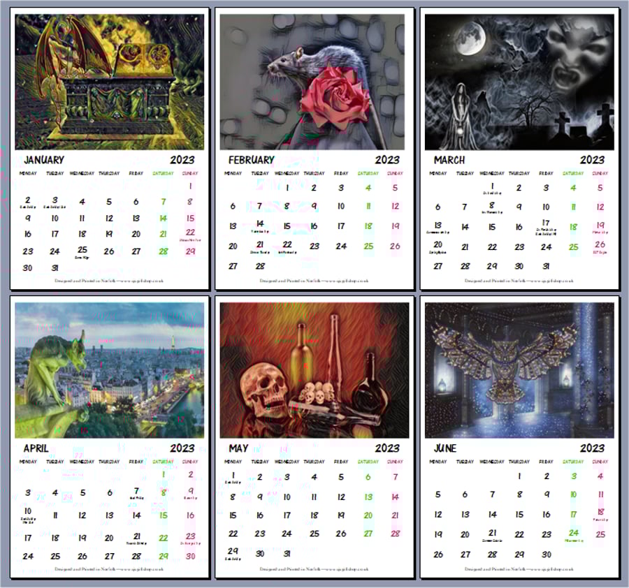 Goth Art Calendar 2023 Each Page A4 size Folksy