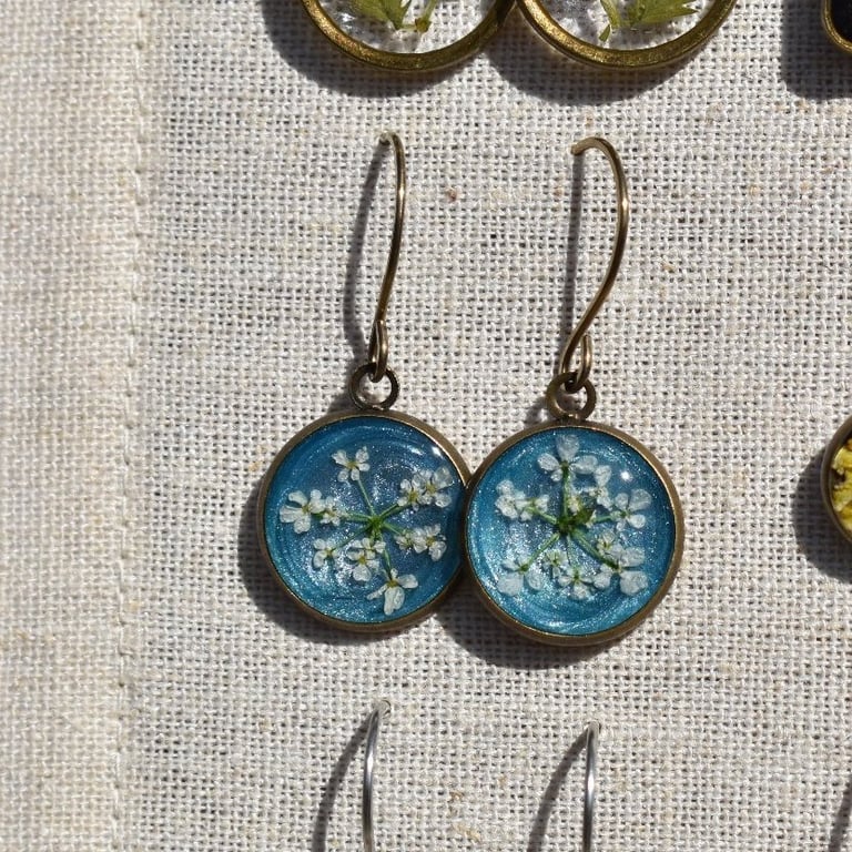 Hypoallergenic Real Pressed Flower Resin Earrings, Titanium Ear Hooks, Blue