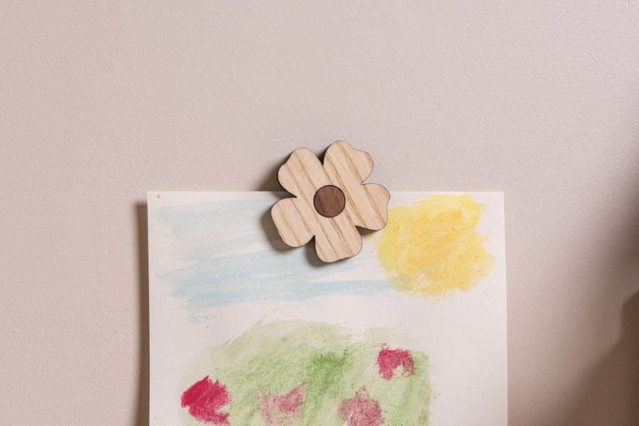 Flower Wall Magnet - Ash and Walnut. For Holding Children's Artwork, Posters