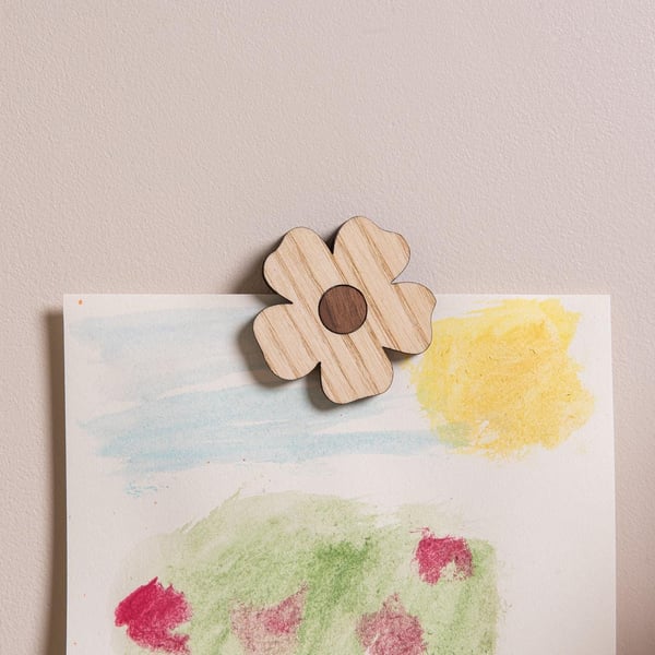 Flower Wall Magnet - Ash and Walnut. For Holding Children's Artwork, Posters