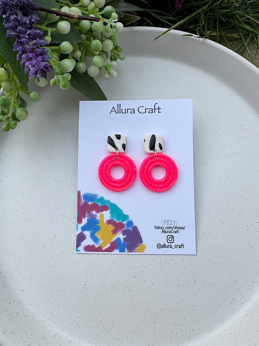 Black and White Animal Print & Neon Pink Earrings