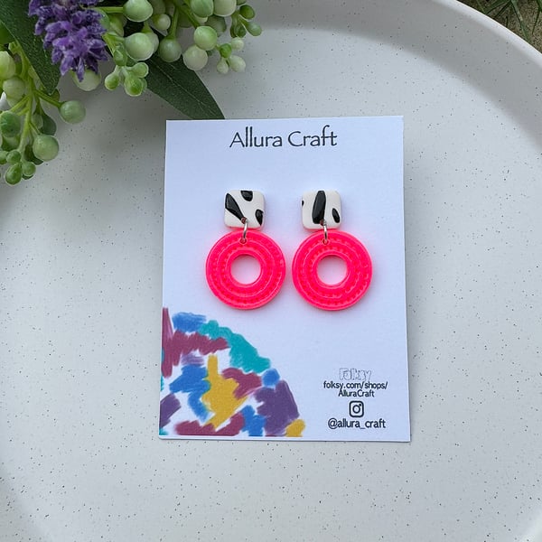 Black and White Animal Print & Neon Pink Earrings