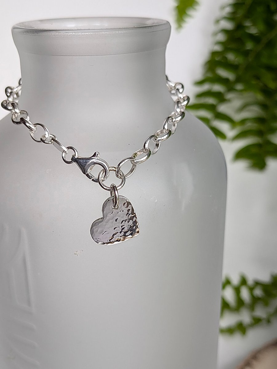 Hammered Heart Sterling Silver Chunky Charm Bracelet 