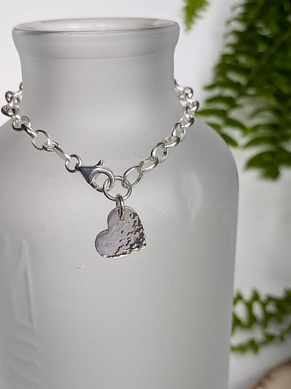 Hammered Heart Sterling Silver Chunky Charm Bracelet 