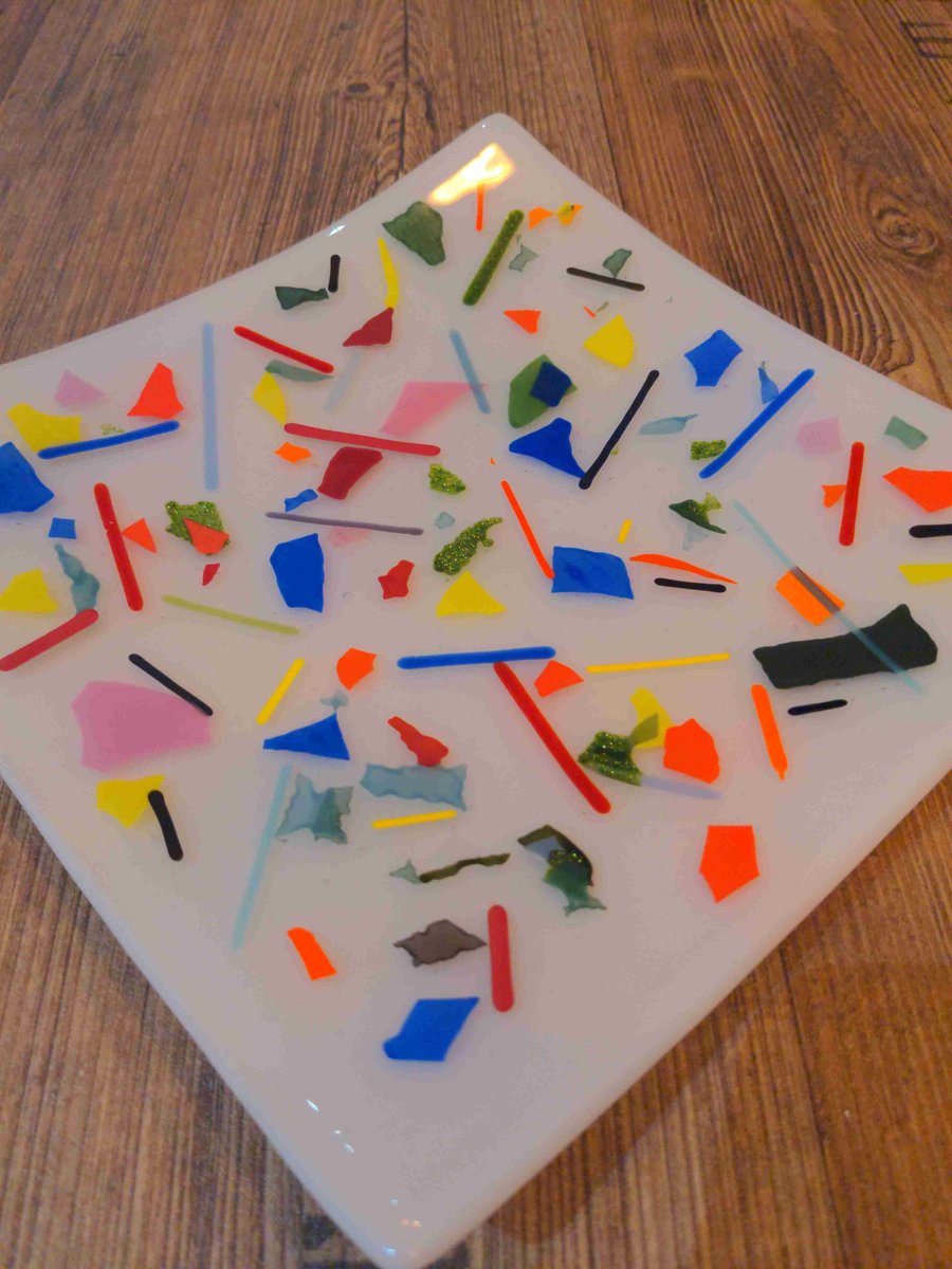 Fused Glass Plate 20cm square Multicoloured confetti & white
