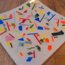 Fused Glass Plate 20cm square Multicoloured confetti & white