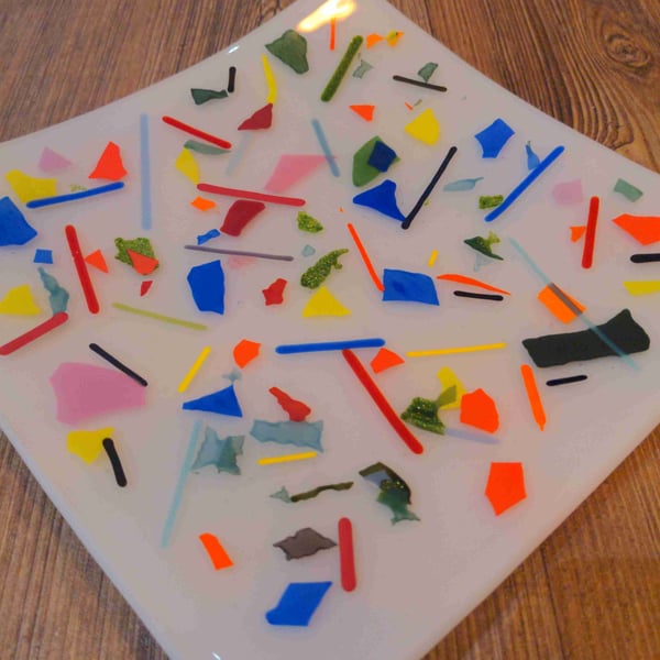 Fused Glass Plate 20cm square Multicoloured confetti & white