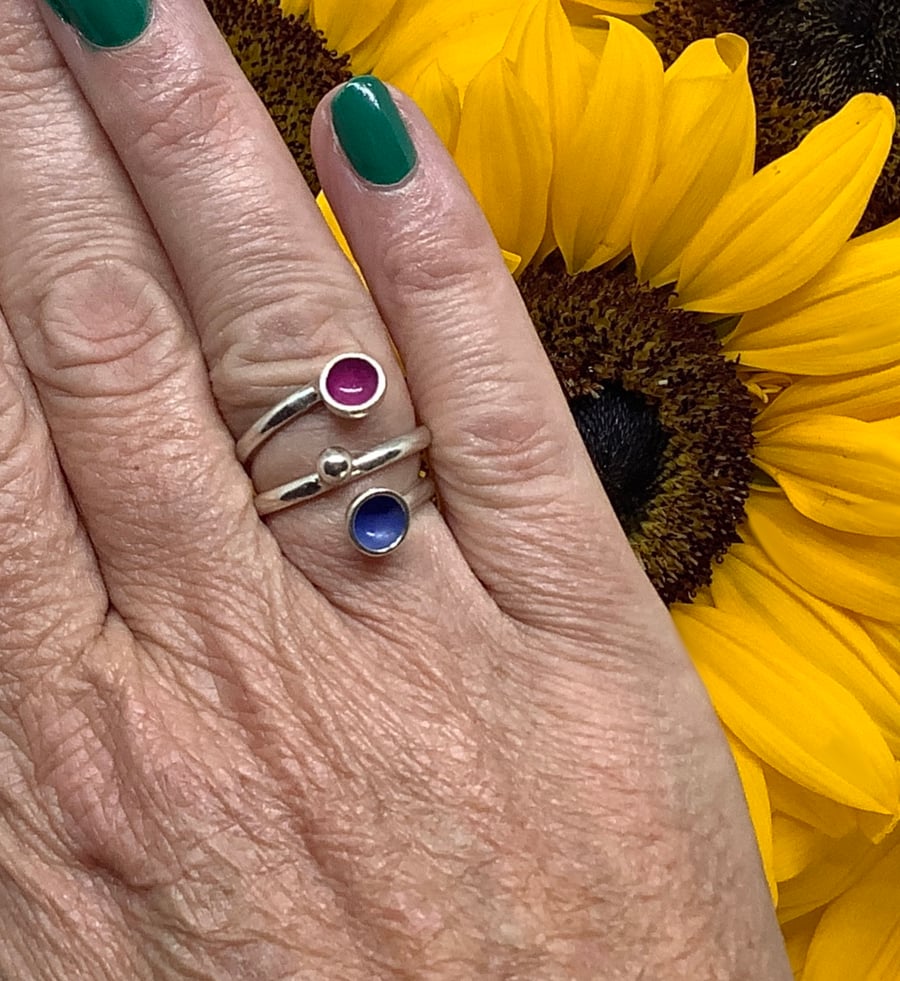 Sterling silver with hot pink and purple enamel adjustable ring.