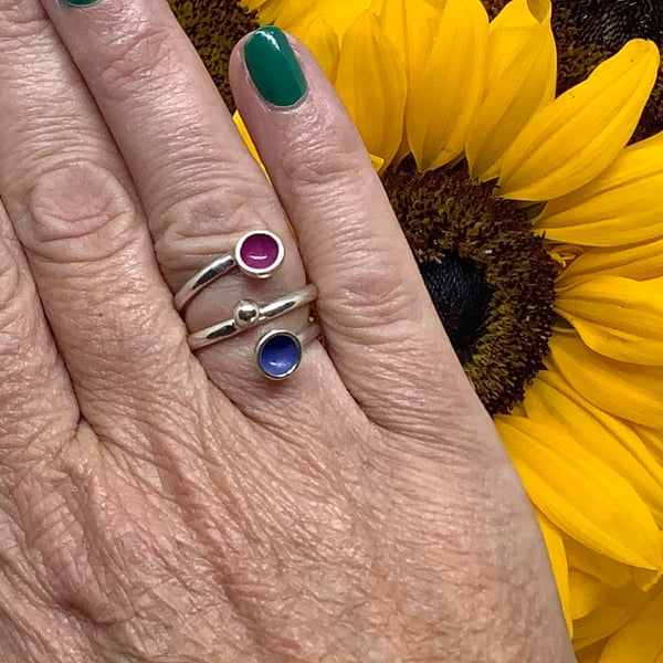Sterling silver with hot pink and purple enamel adjustable ring.