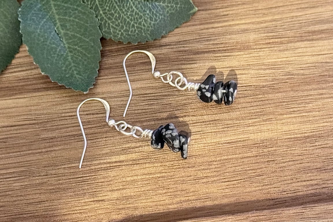 Dainty Snowflake Obsidian Volcanic Glass Earrings