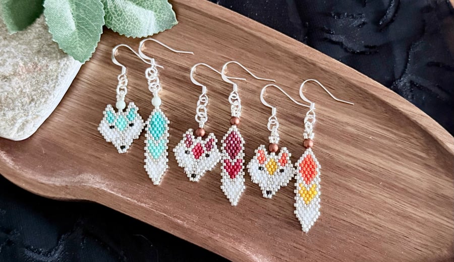Geometric Fox Earrings, Fox Face and Tail Earrings in Red Orange or Blue