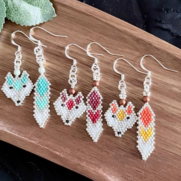 Geometric Fox Earrings, Fox Face and Tail Earrings in Red Orange or Blue