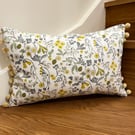 Dainty floral cotton and linen cushion cowslips primroses yellow and grey