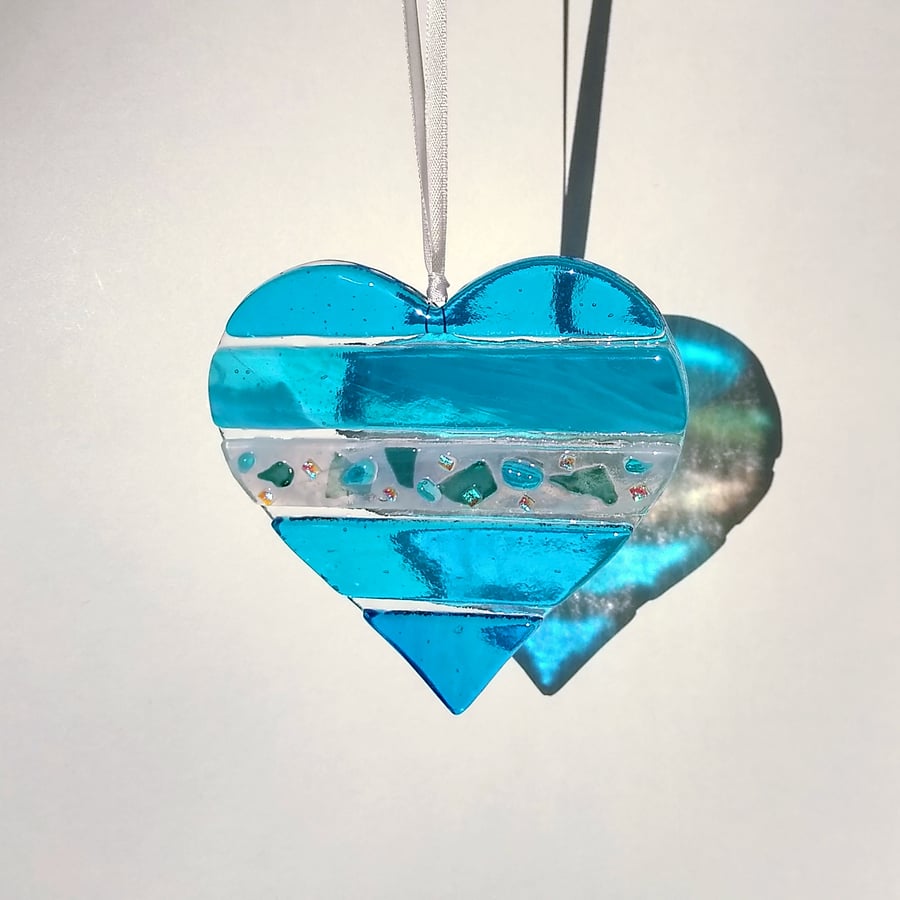 Turquoise textured fused glass heart light-catcher