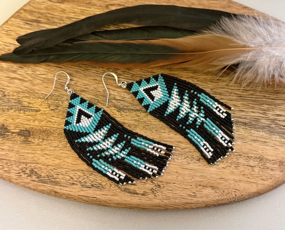 Native American beadwork fringe earrings with feather pattern