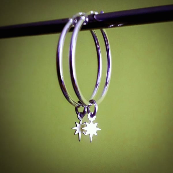 Sterling Silver Hoops - Little Stars, Celestial Jewellery 
