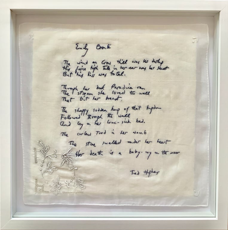 Hand embroidered poem on vintage handkerchief - 'Emily Bronte' by Ted Hughes