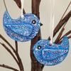 Clay bird hanging decorations, set of 2 blue birds, home decor
