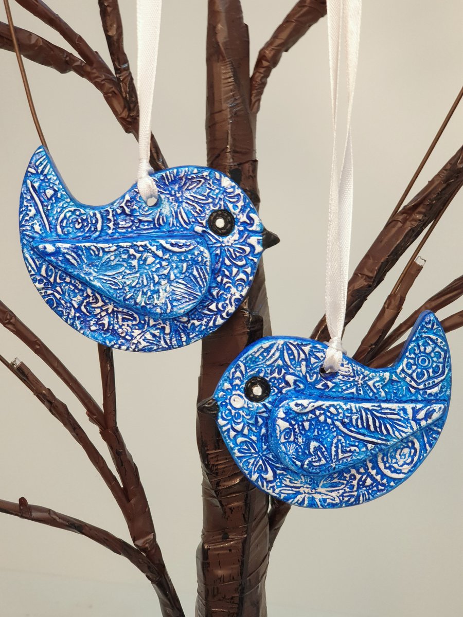 Clay bird hanging decorations, set of 2 blue birds, home decor