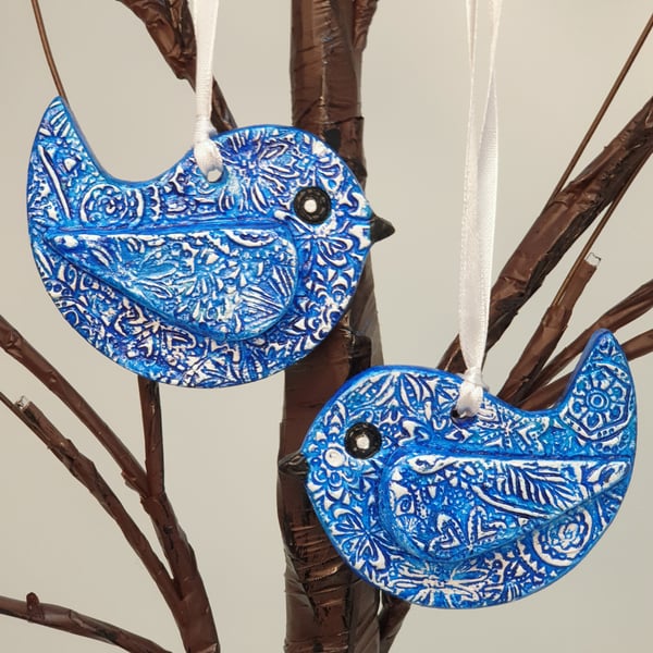 Clay bird hanging decorations, set of 2 blue birds, home decor