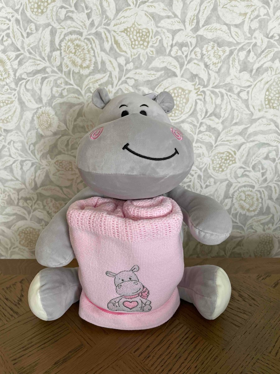 Plush hippo and Embroidered Baby Blanket