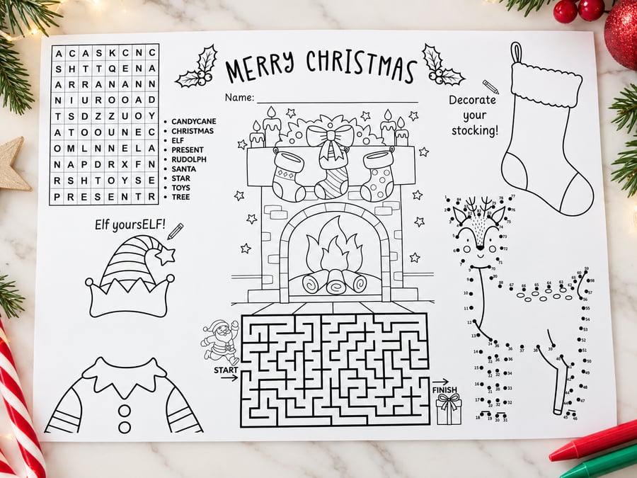 Christmas Kids Activity Placemats A3 - Set of 5 Children's Activity Sheets