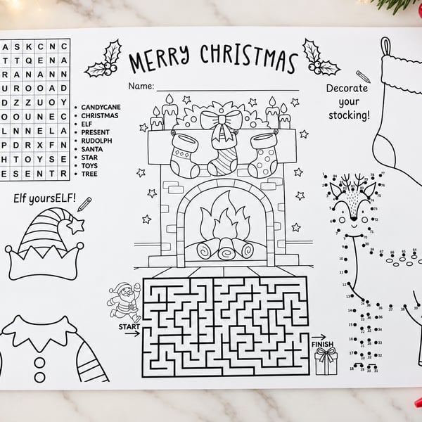 Christmas Kids Activity Placemats A3 - Set of 5 Children's Activity Sheets